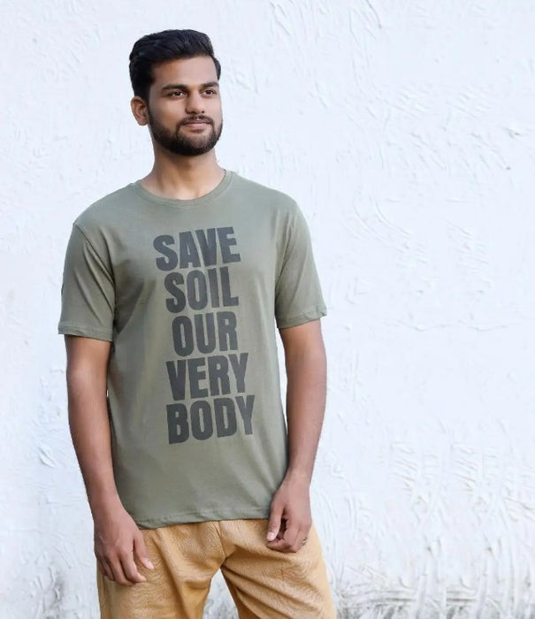 Unisex Save Soil Print Short Sleeve Organic Cotton Olive Green T-Shirt