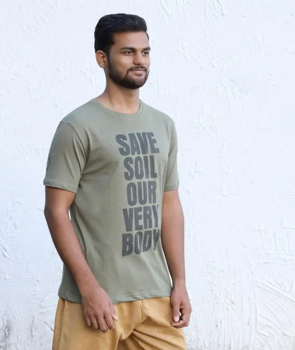 Unisex Save Soil Print Short Sleeve Organic Cotton Olive Green T-Shirt