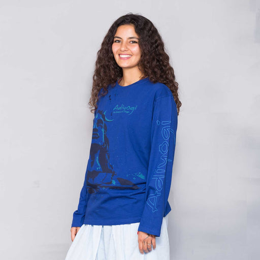 Unisex Blue Adiyogi Printed Full Sleeve T-Shirt