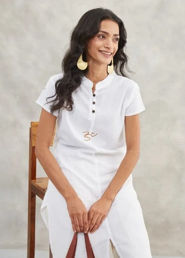 Women's 100% Organic Cotton Kurta with Embroidered "Aum" - White