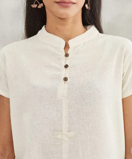 Women's 100% Undyed Organic Cotton Kurta With Embroidered "Aum" - Undyed